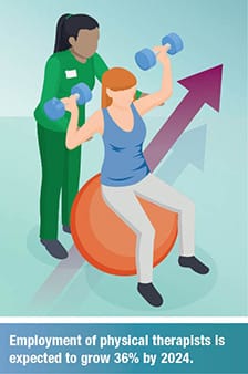 Employment of physical
therapists is expected to grow 36% by 2024.